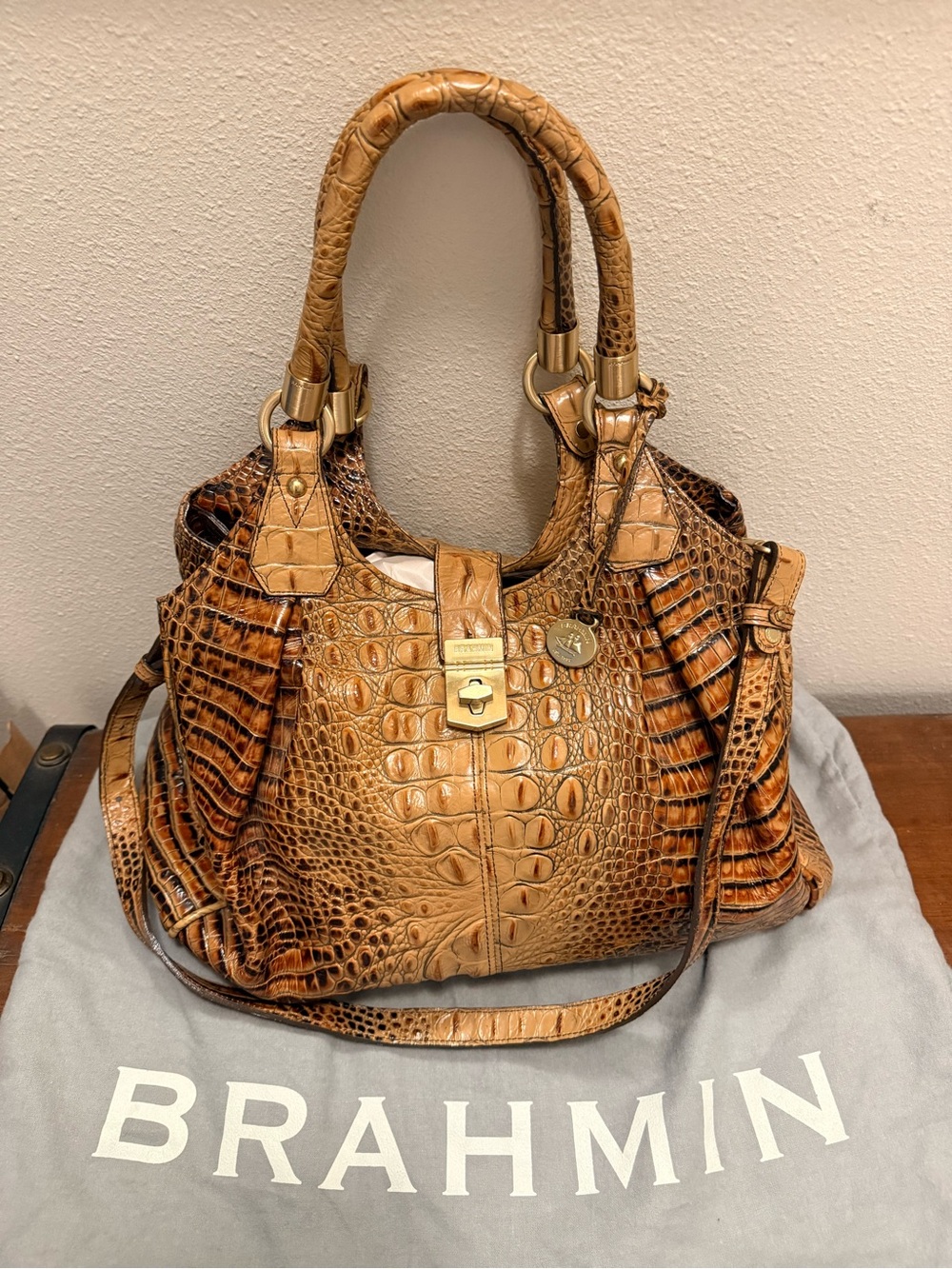 Brahmin Cognac Croc-Embossed Leather Shoulder Bag